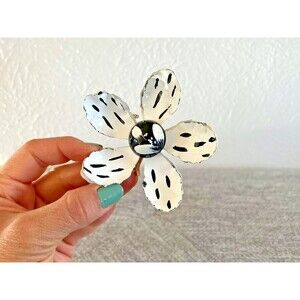 Vintage Black white Enamel Flower Metal‎ Brooch Pin hand painted Large statement